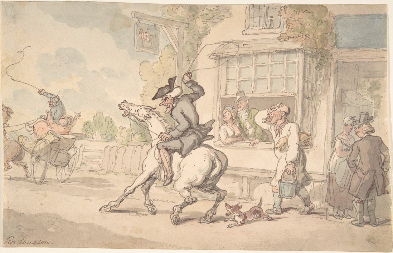 Dr. Syntax met een weerbarstig paard voor een herberg door Thomas Rowlandson