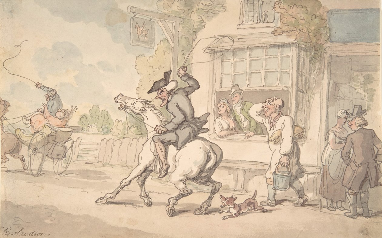 Dr. Syntax met een koppig paard voor een herberg, 18e-19e eeuw door Thomas Rowlandson