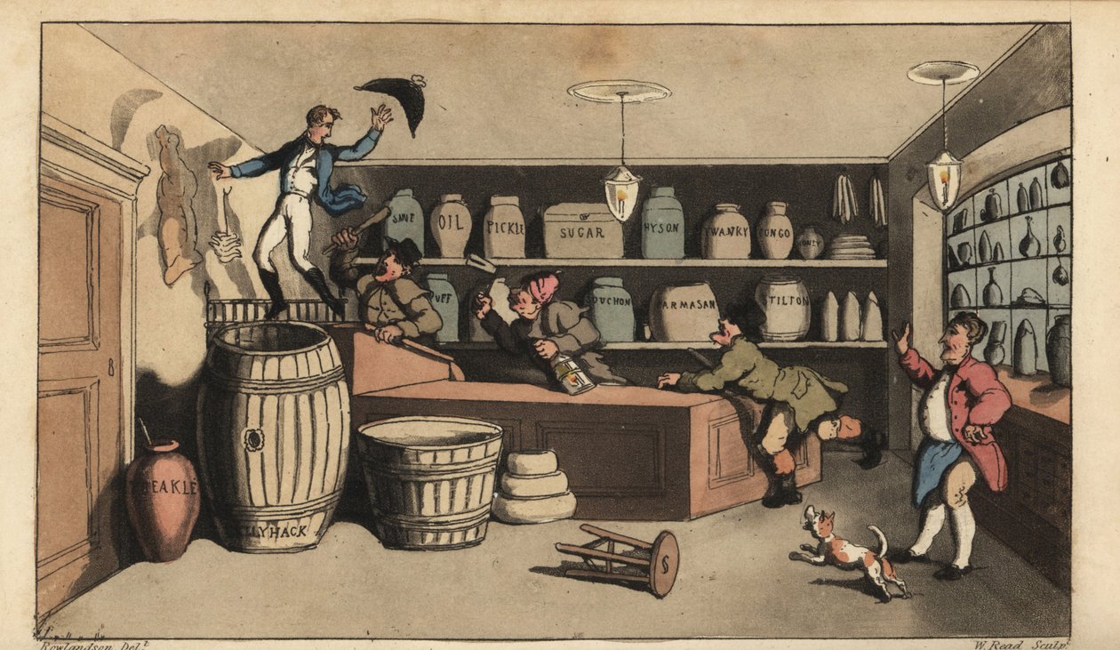 Dronken Johnny achtervolgd door nachtwakers in een kruidenierswinkel op het punt om in een vat boter te vallen. Handgekleurde kopergravure door W. Read naar een illustratie van Thomas Rowlandson uit Alfred Burton