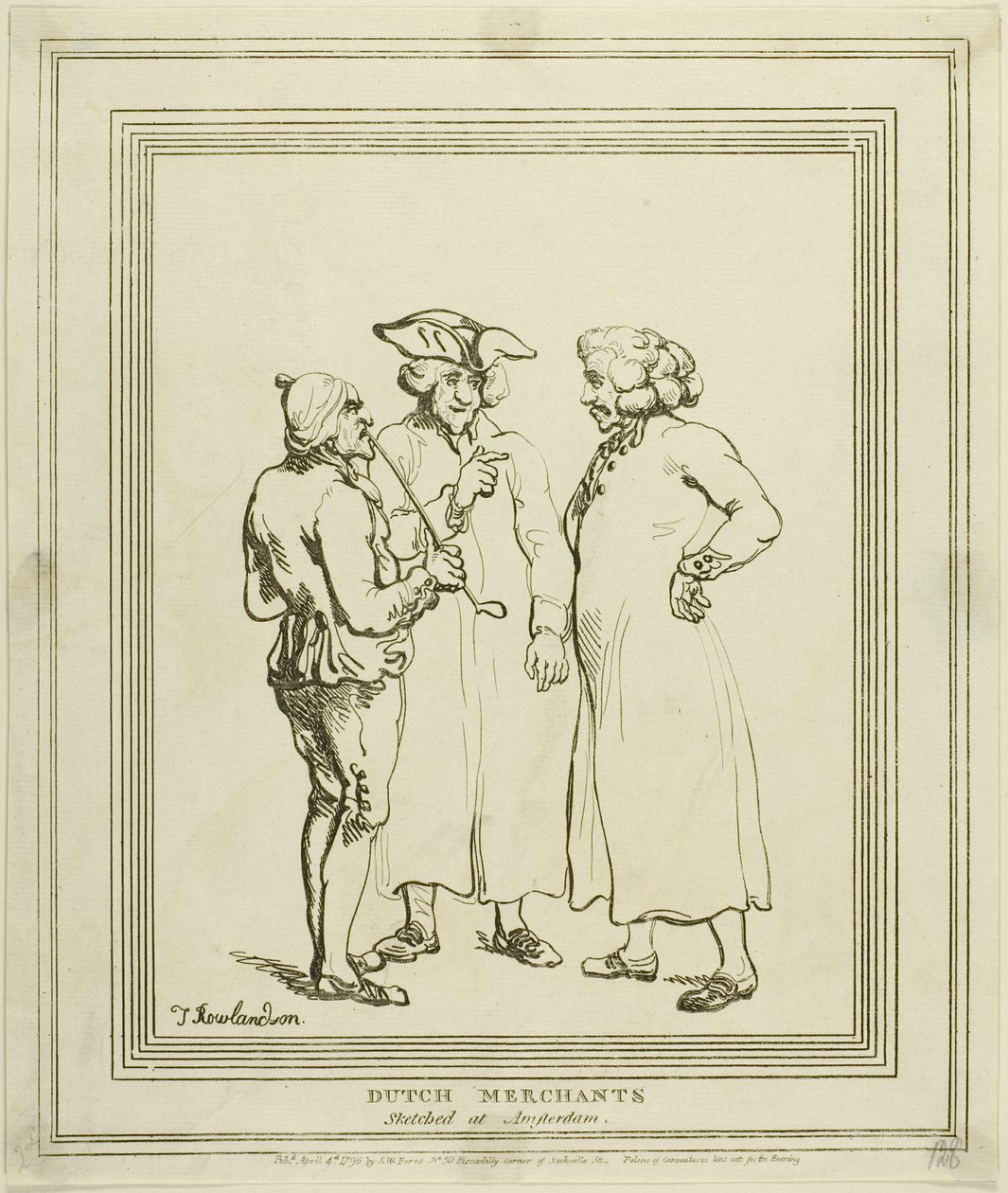 Nederlandse kooplieden geschetst in Amsterdam door Thomas Rowlandson