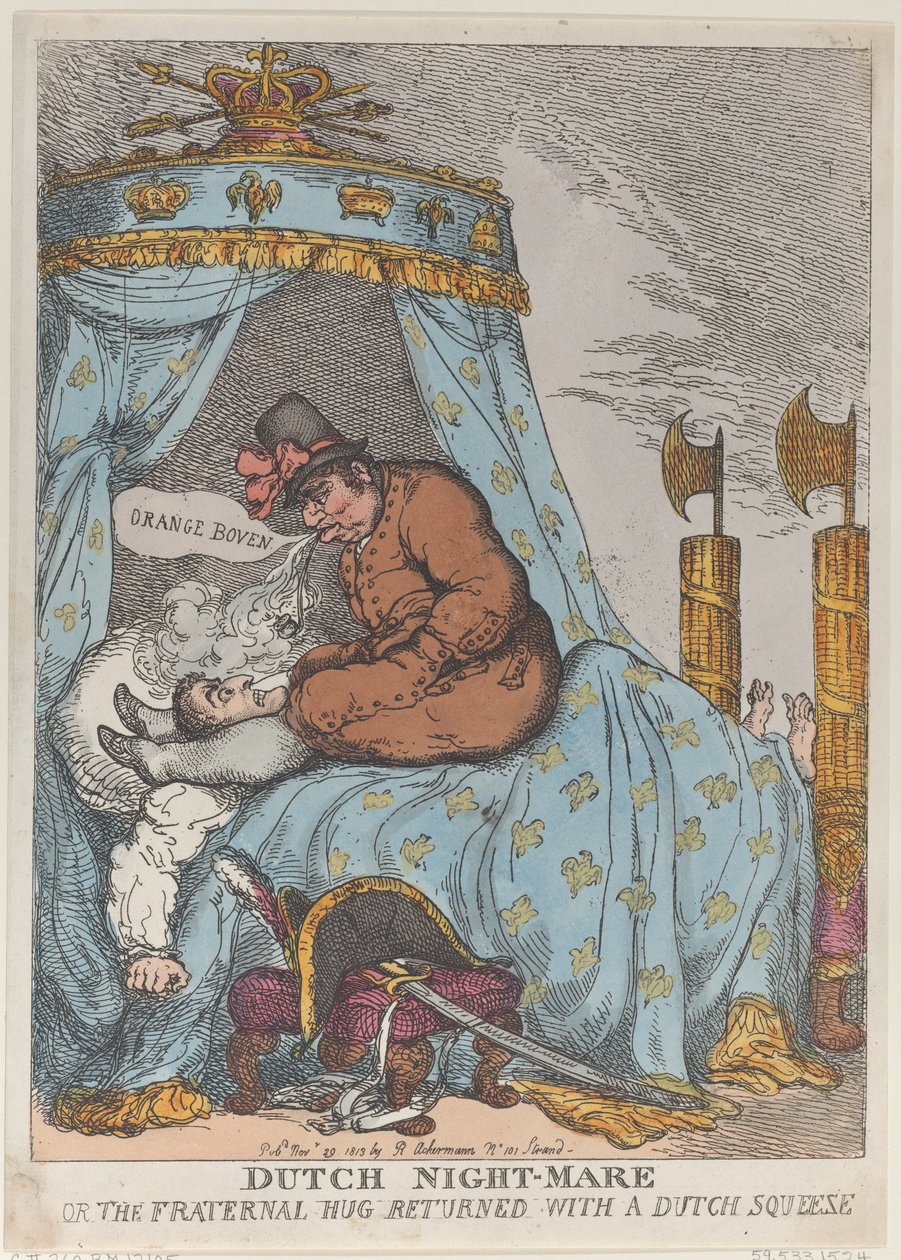 Nederlandse nachtmerrie of de broederlijke omhelzing teruggegeven met een Nederlandse knuffel, 30 november 1813 door Thomas Rowlandson