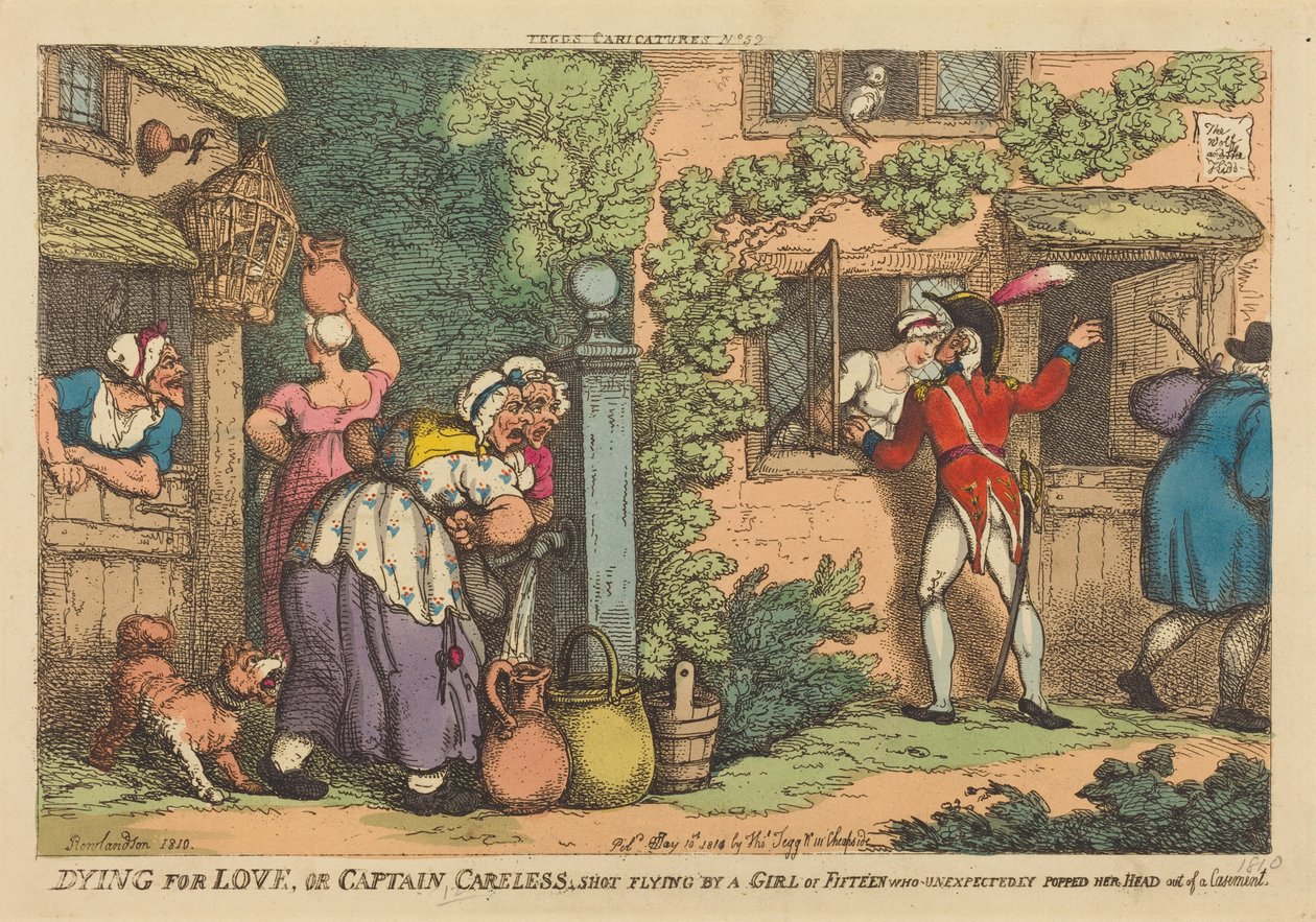 Sterven uit liefde, of Kapitein Careless neergeschoten door een meisje van vijftien, dat onverwachts haar hoofd uit een raam stak door Thomas Rowlandson