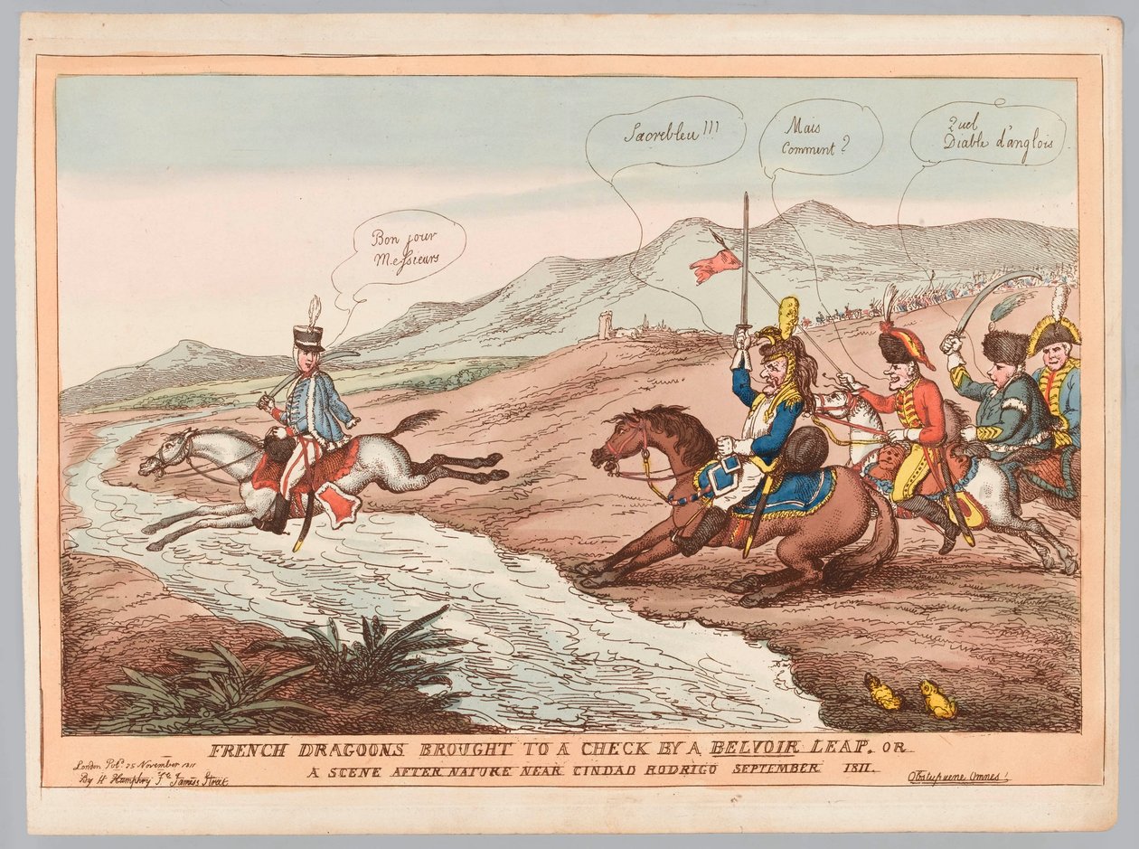Engelse Manieren en Franse Voorzichtigheid of Franse Dragonders tot stilstand gebracht door Belvoir sprong September 1811 door Thomas Rowlandson