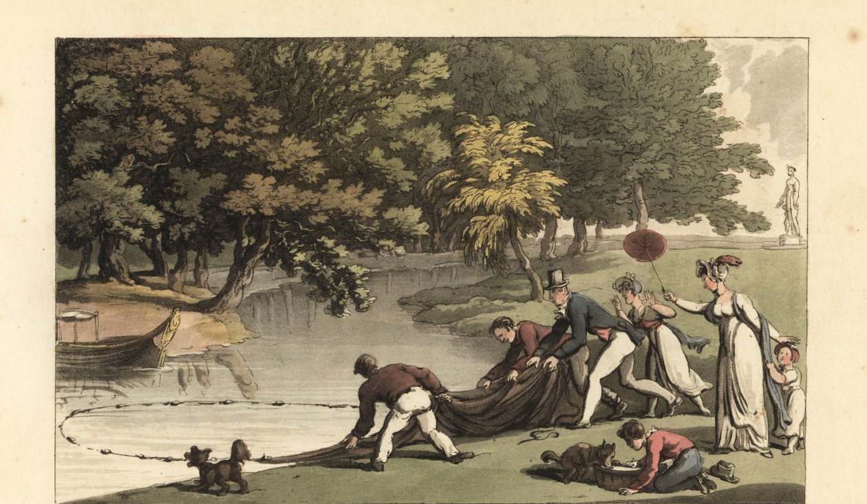 Engelse heer en personeel vissen in een rivier door Thomas Rowlandson