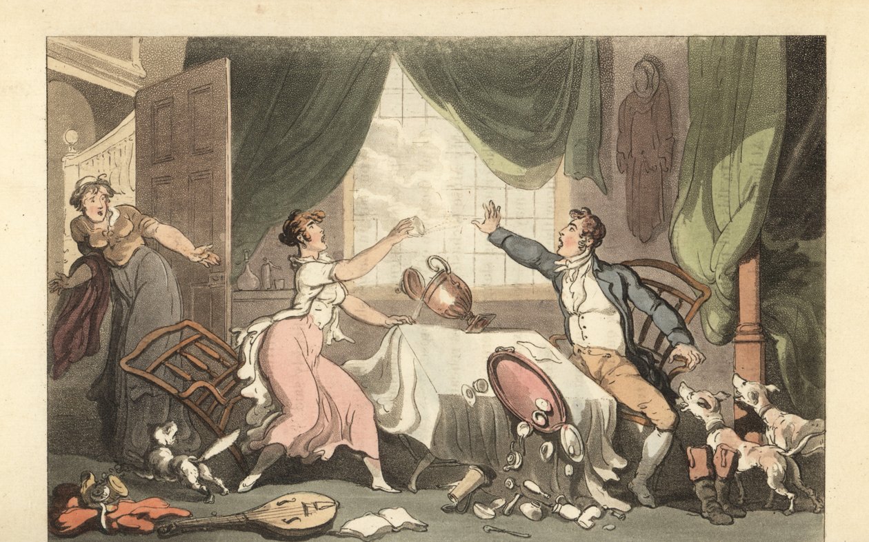 Engelse heer ruziet met zijn vrouw over geld door Thomas Rowlandson