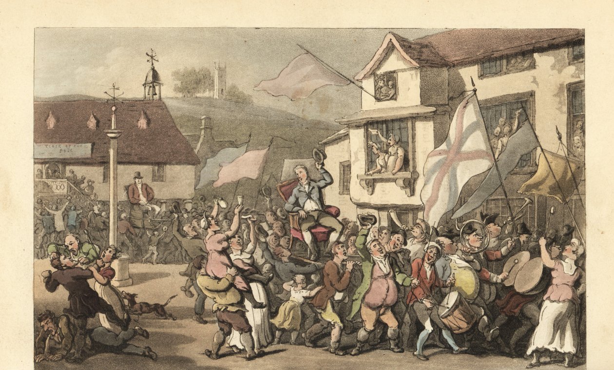 Engelse heer gedragen in een draagstoel voor een verkiezing door Thomas Rowlandson