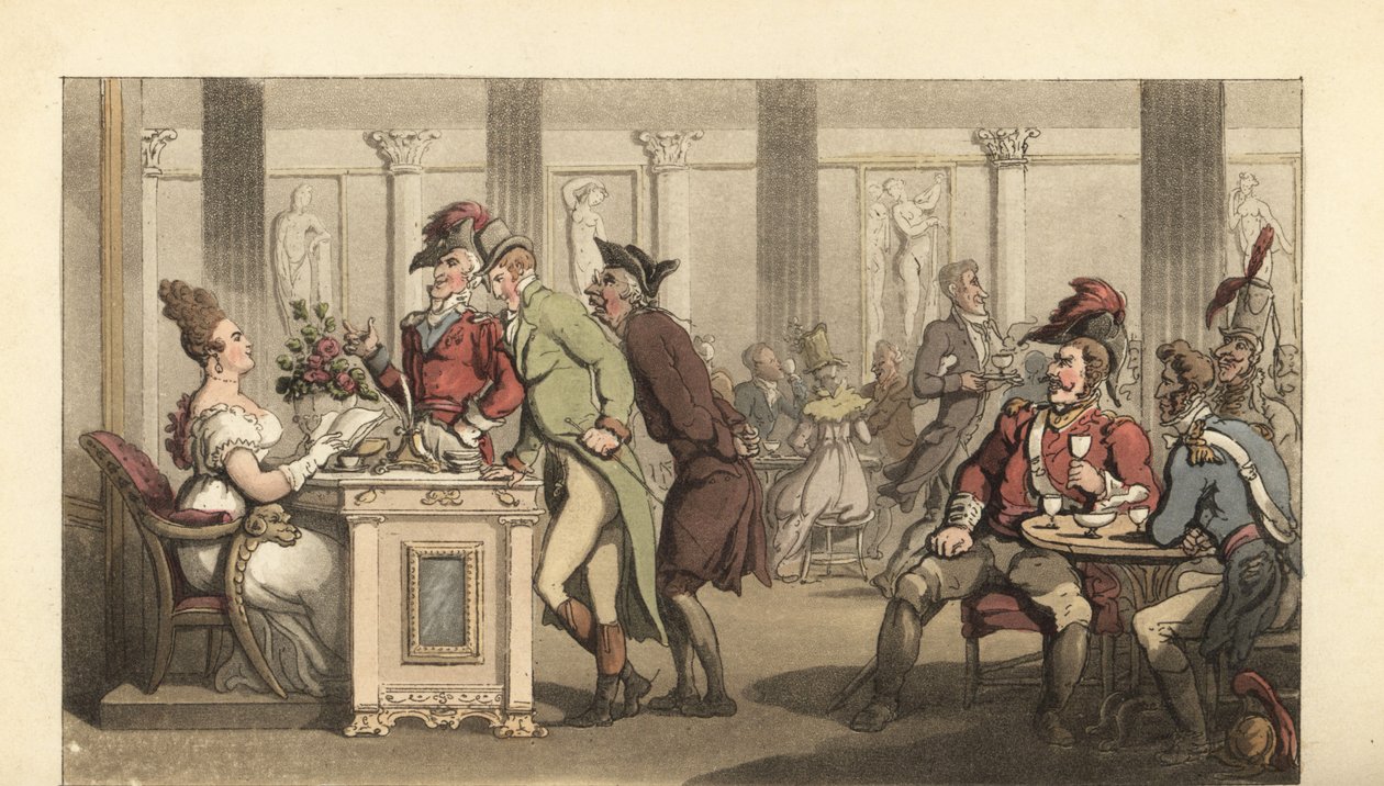 Engelse heer die flirt met de Fair Limonadiere in een café in Parijs door Thomas Rowlandson