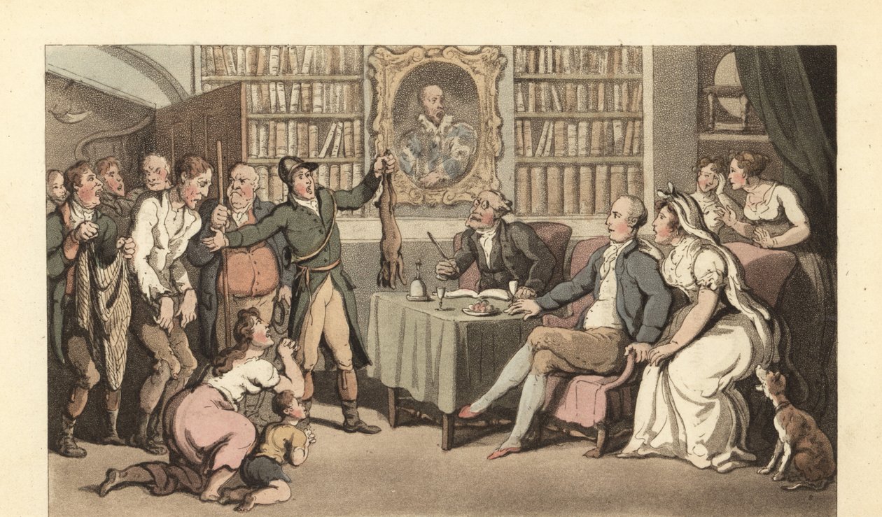 Engelse heer in zijn studeerkamer die een geval van stroperij hoort door Thomas Rowlandson