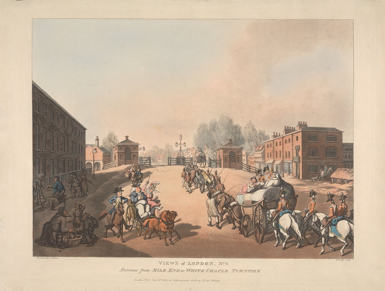 Toegang via Mile End of White Chapel Turnpike (nr. 5) door Thomas Rowlandson