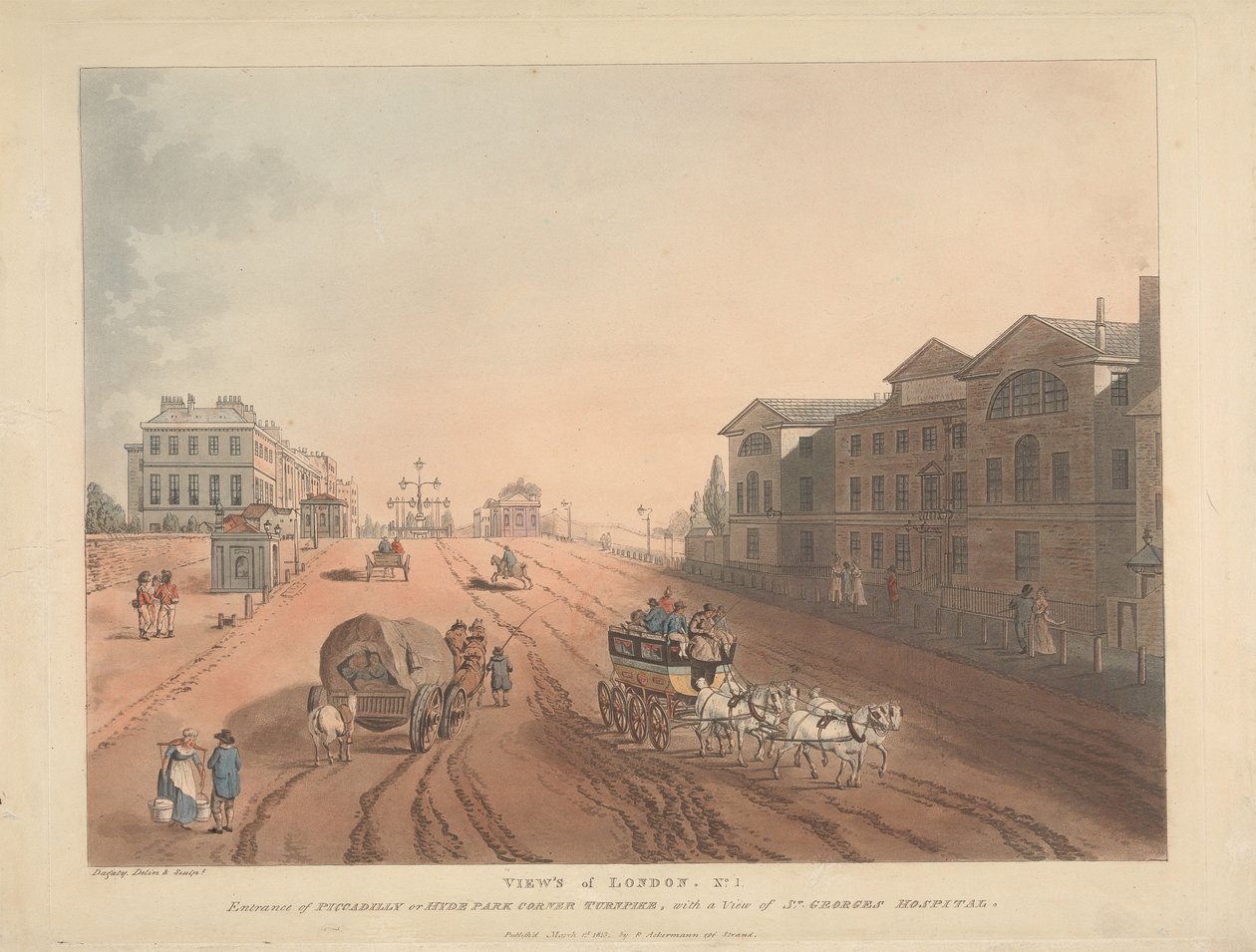 Ingang van de Piccadilly of Hyde Park Corner Turnpike (nr. 1) door Thomas Rowlandson