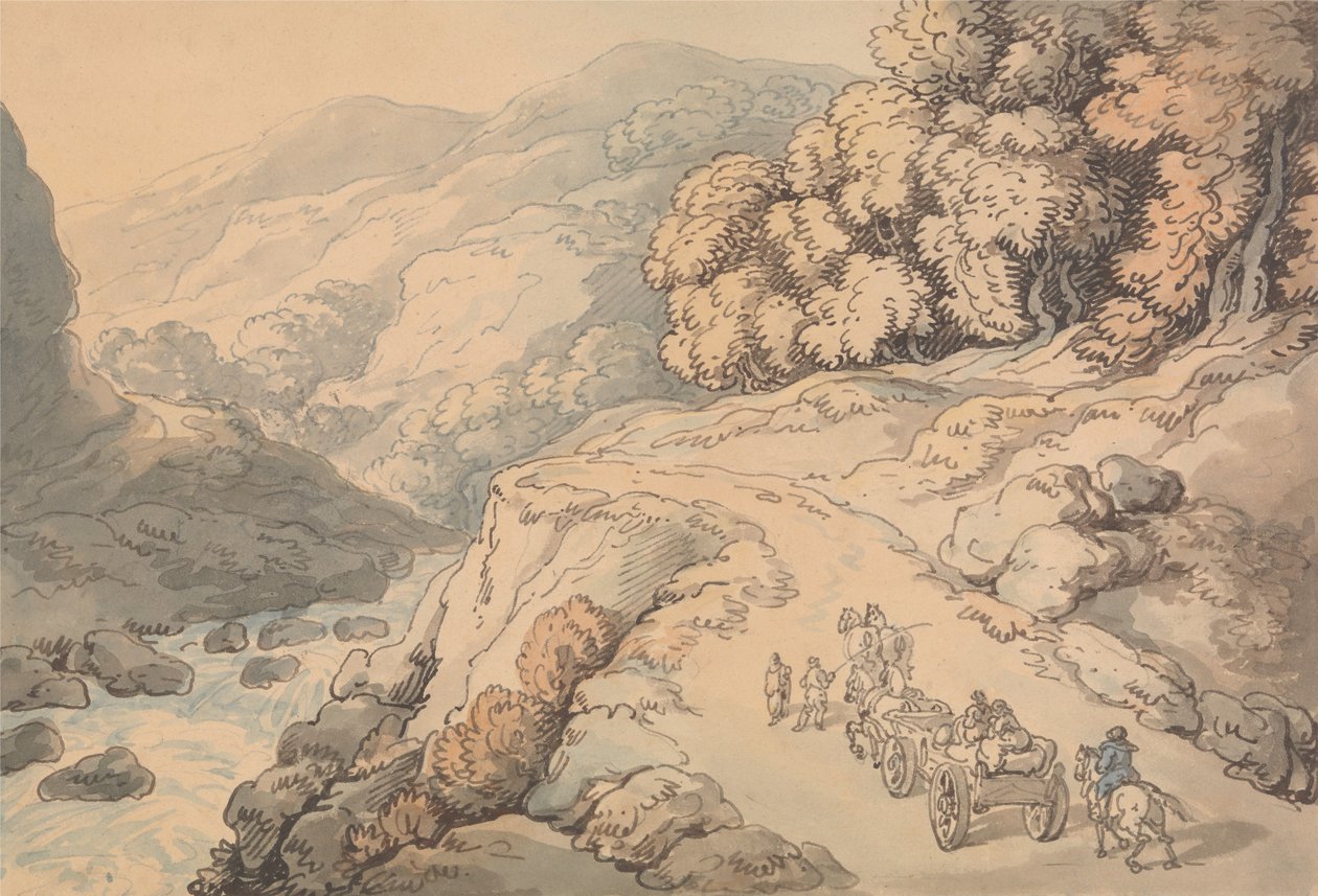 Watervallen aan de rivier de Conwy, Noord-Wales door Thomas Rowlandson