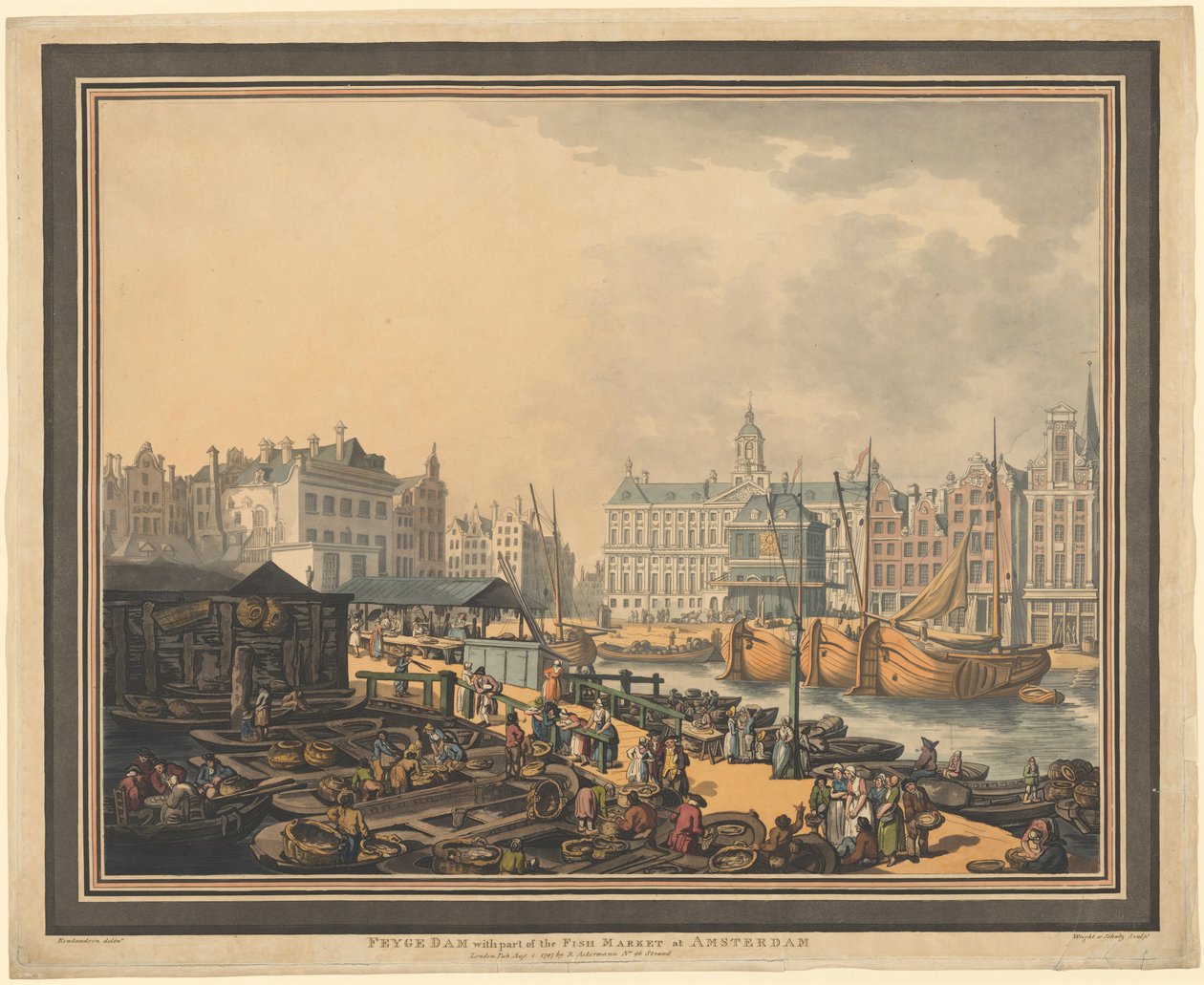 Feyge Dam, met een deel van de vismarkt in Amsterdam door Thomas Rowlandson