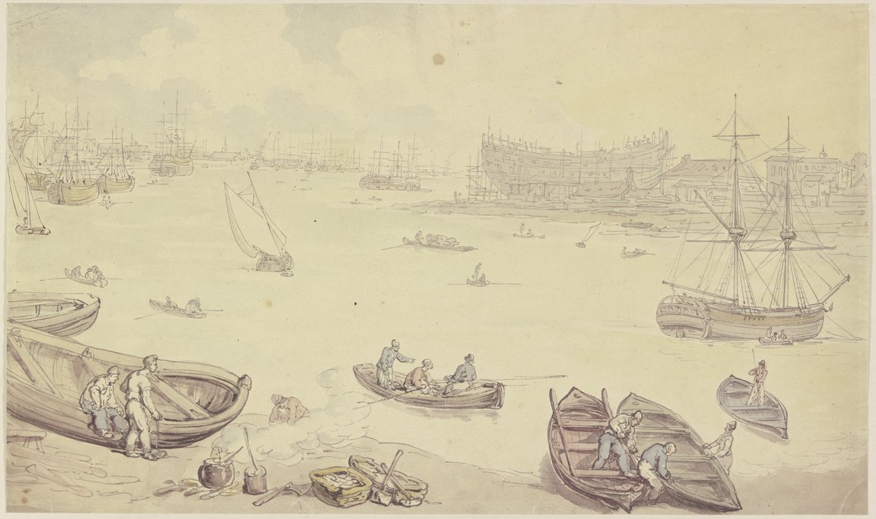 Rivier met veel schepen en een scheepswerf door Thomas Rowlandson