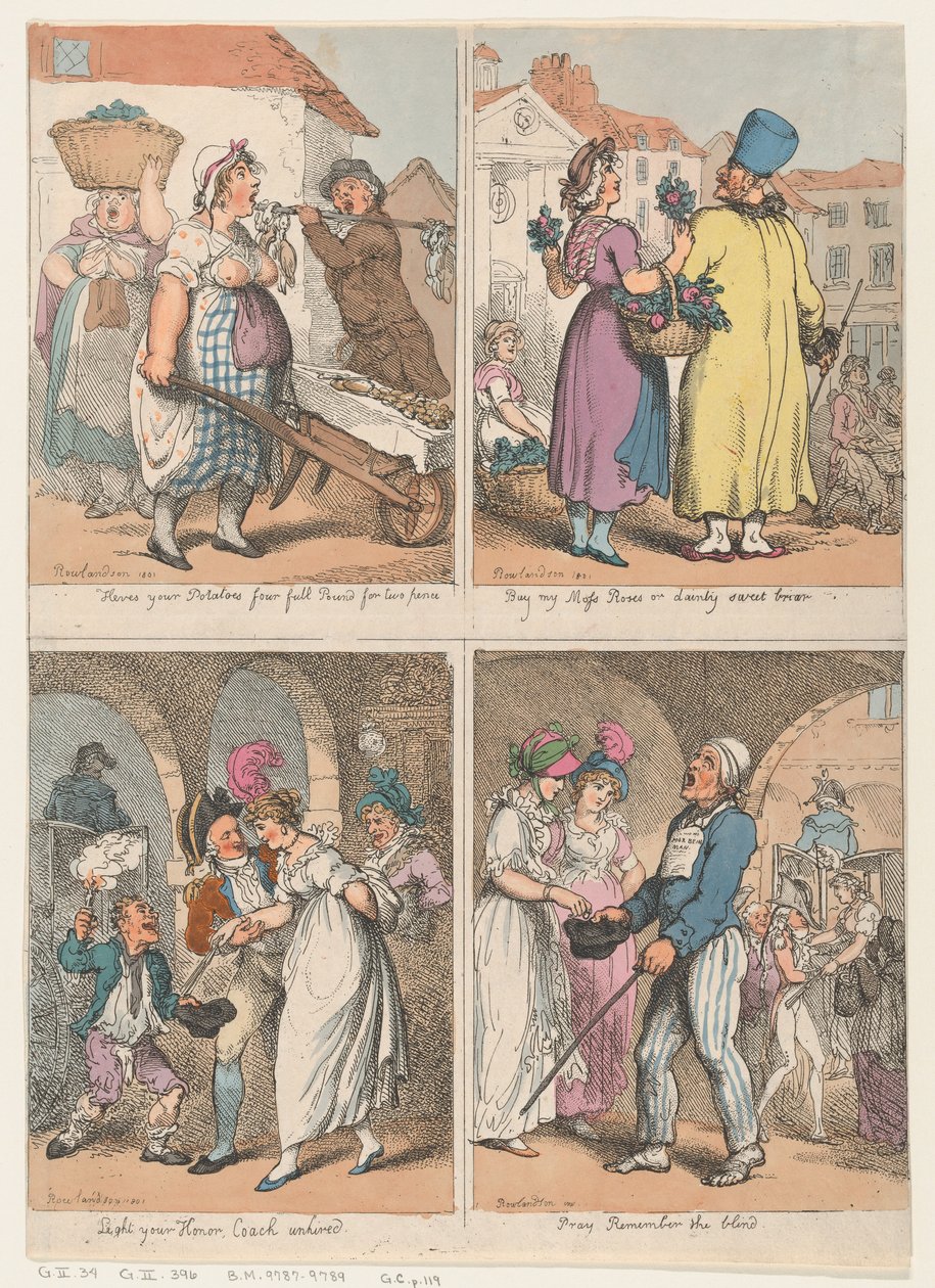 Vier scènes uit de Cries of London-serie: Hier zijn je aardappelen..., Koop mijn mos..., 1 augustus 1801 door Thomas Rowlandson