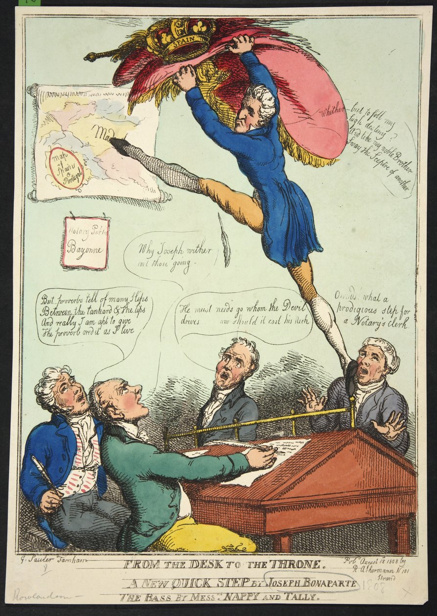 Van het bureau naar de troon. Een nieuwe Quick Step door Joseph Bonaparte. De bas door de heren Nappy en Talley, pub. 1808 (handgekleurde gravure) door Thomas Rowlandson