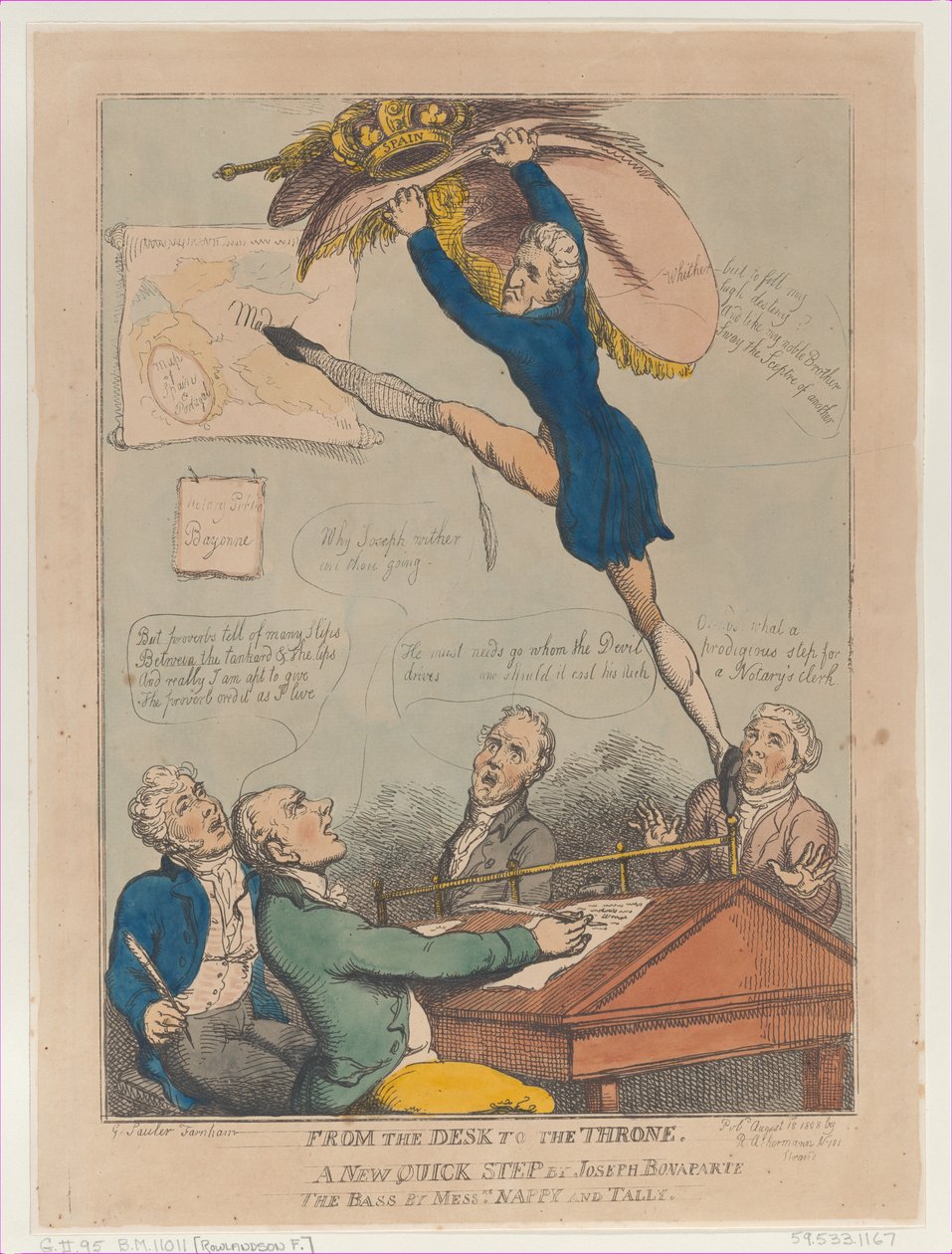 Van het bureau naar de troon, een nieuwe snelle stap door Joseph Bonaparte de bas door M..., 18 augustus 1808 door Thomas Rowlandson