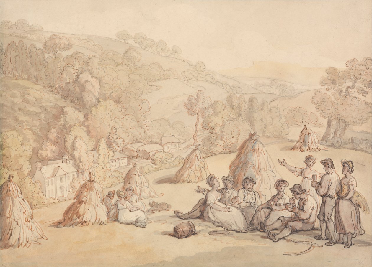 Oogsters die Rusten in een Korenveld door Thomas Rowlandson