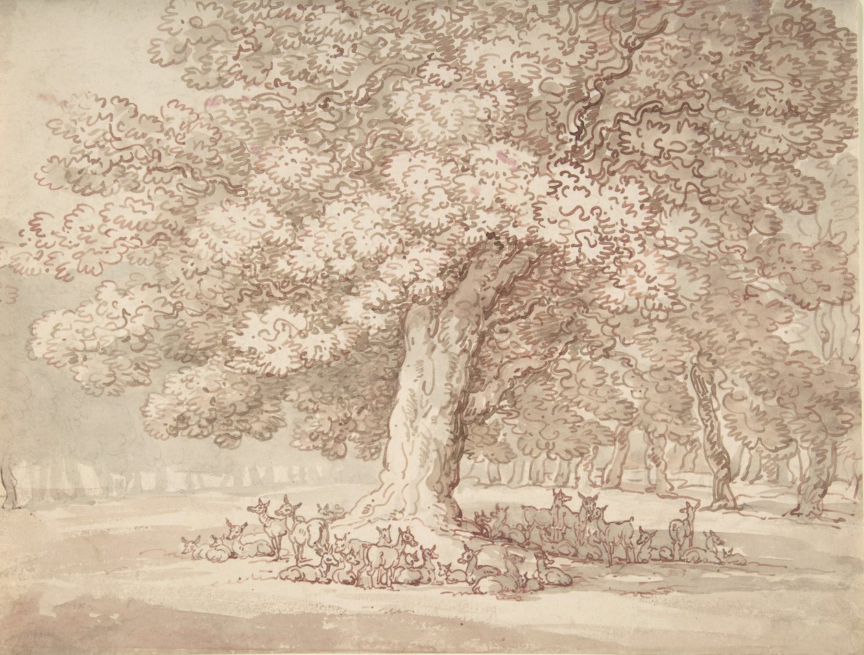 Kudde herten onder een eik, 1775-1827 door Thomas Rowlandson