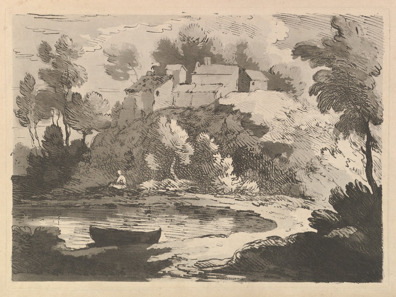 Heuvelachtig rivierlandschap, een boot in het water op de voorgrond links, een figuur aan de verre oever door Thomas Rowlandson