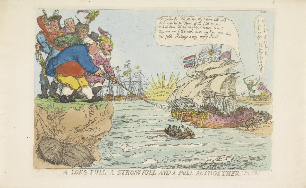 Hollandse vloot door gezamenlijke inspanning vlot getrokken, 1813 door Thomas Rowlandson