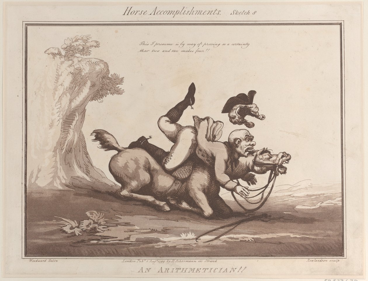 Paardenprestaties, Schets 8: Een rekenmeester!!, 1 augustus 1799 door Thomas Rowlandson