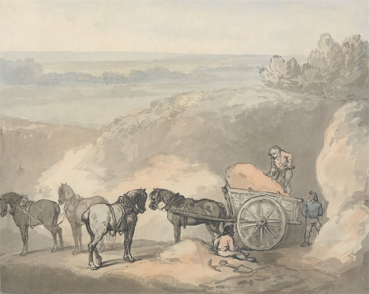 Paarden en een kar bij een zandgroeve door Thomas Rowlandson