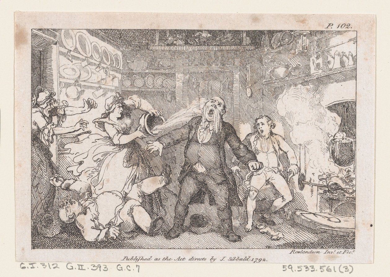 Hostess giet een pan bloed in het gezicht van dominee Andrews, uit The Adventures of..., 1792 door Thomas Rowlandson