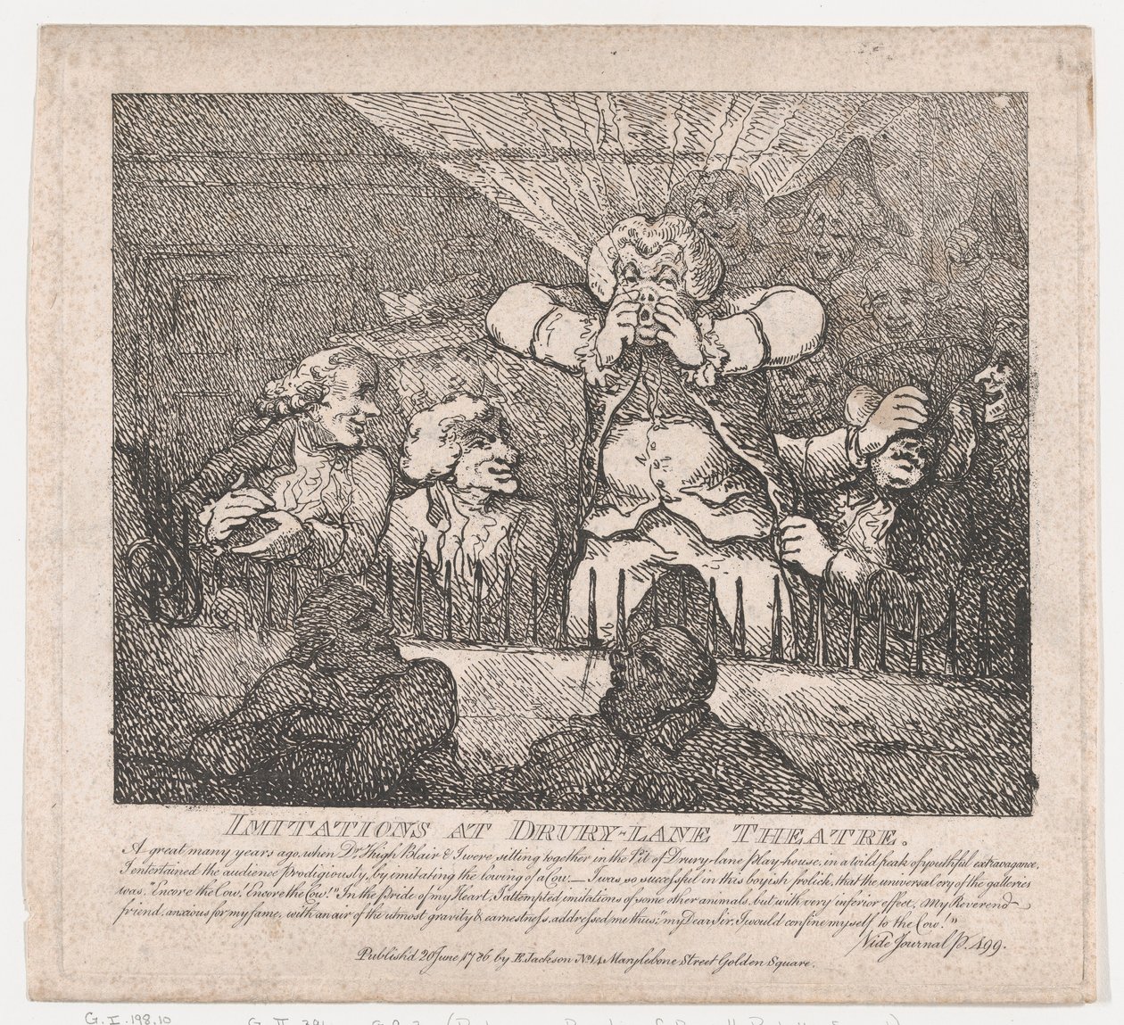 Imitaties in Drury-Lane Theatre Picturesque Beauties of Boswell, deel twee, 20 juni 1786 door Thomas Rowlandson