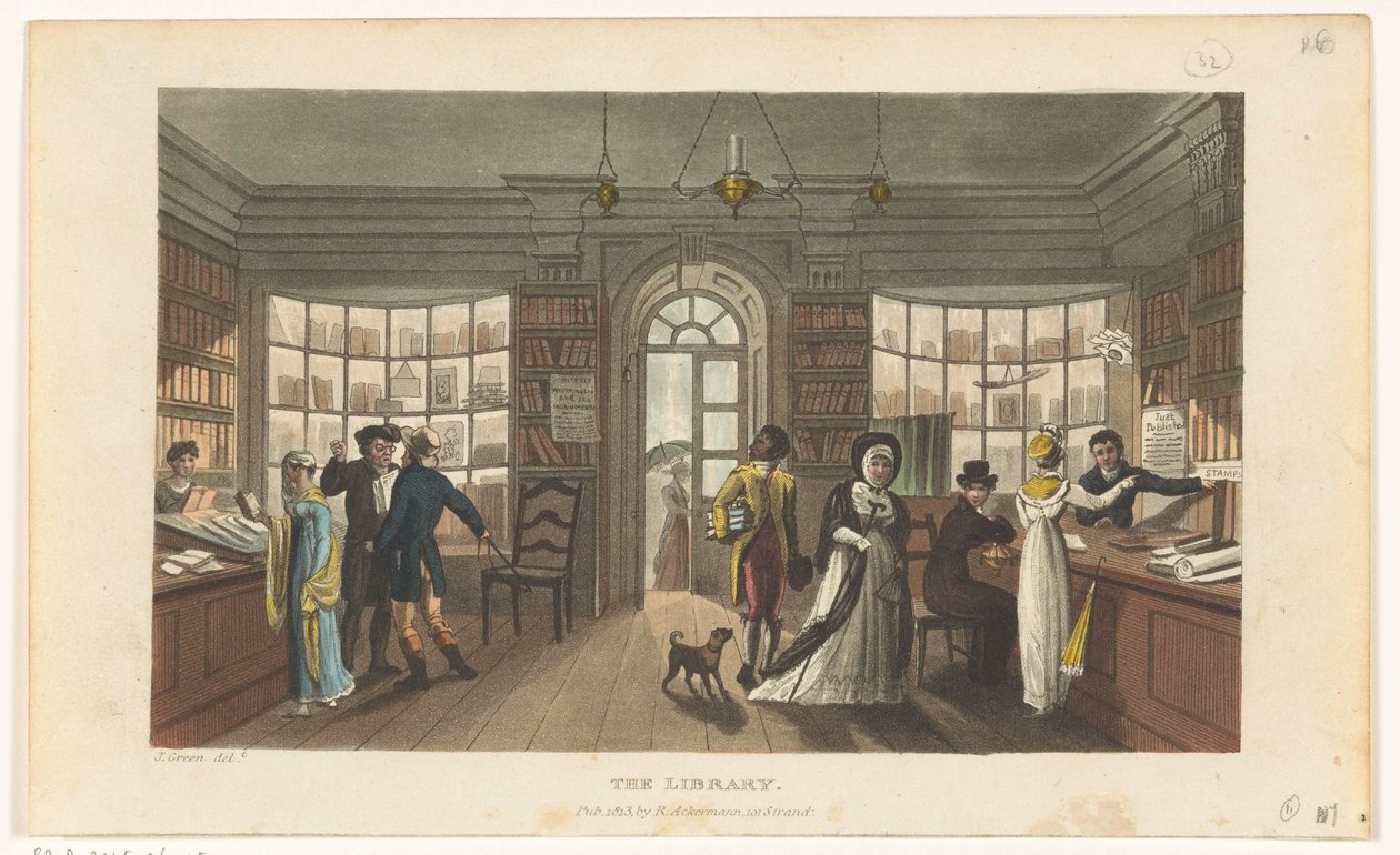 Interieur van een leenbibliotheek door Thomas Rowlandson