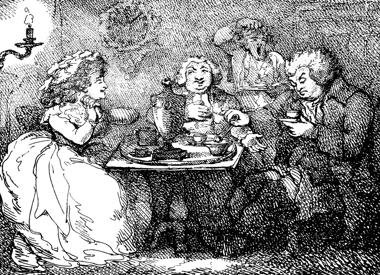 James Boswell, zijn vrouw en Dr. Johnson aan de thee in Edinburgh, 1773, 1786 door Thomas Rowlandson