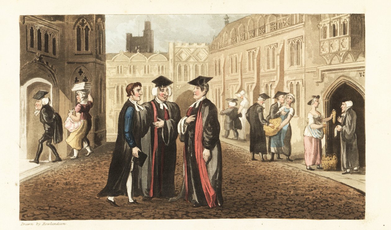 Johnny in gewaden praat met Dons aan de Universiteit van Oxford, terwijl andere geleerden en studenten maïs kopen van kruideniers en dienstmeisjes lastigvallen. Handgekleurde kopergravure door Thomas Rowlandson uit William Combe