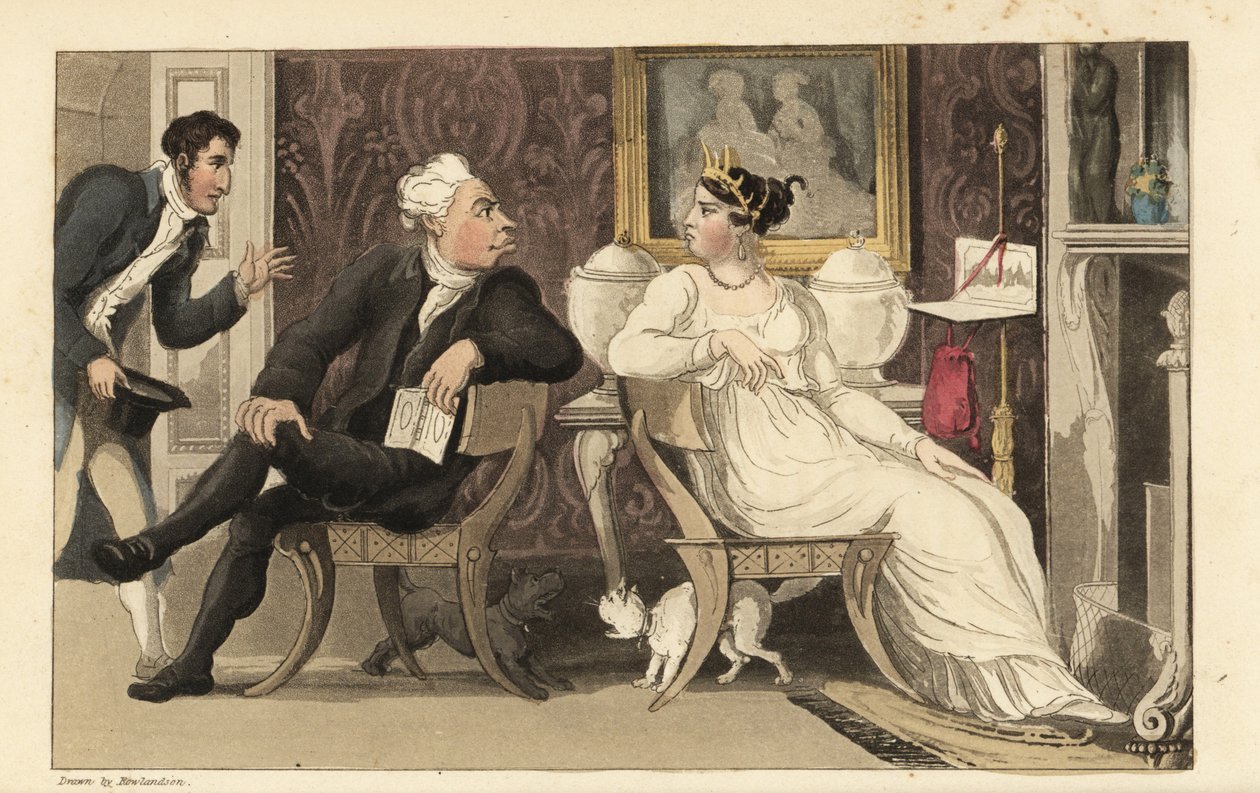 Johnny onderbreekt een ruzie tussen gasten op een feestje in een Regency-salon. Handgekleurde kopergravure door Thomas Rowlandson uit William Combe