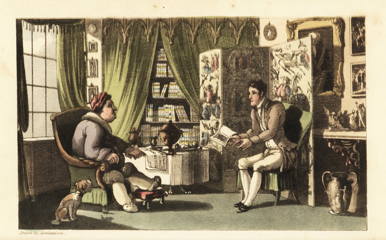 Johnny leest voor aan Sir Jeffery Gourmand in zijn studeerkamer. Handgekleurde kopergravure door Thomas Rowlandson uit William Combe