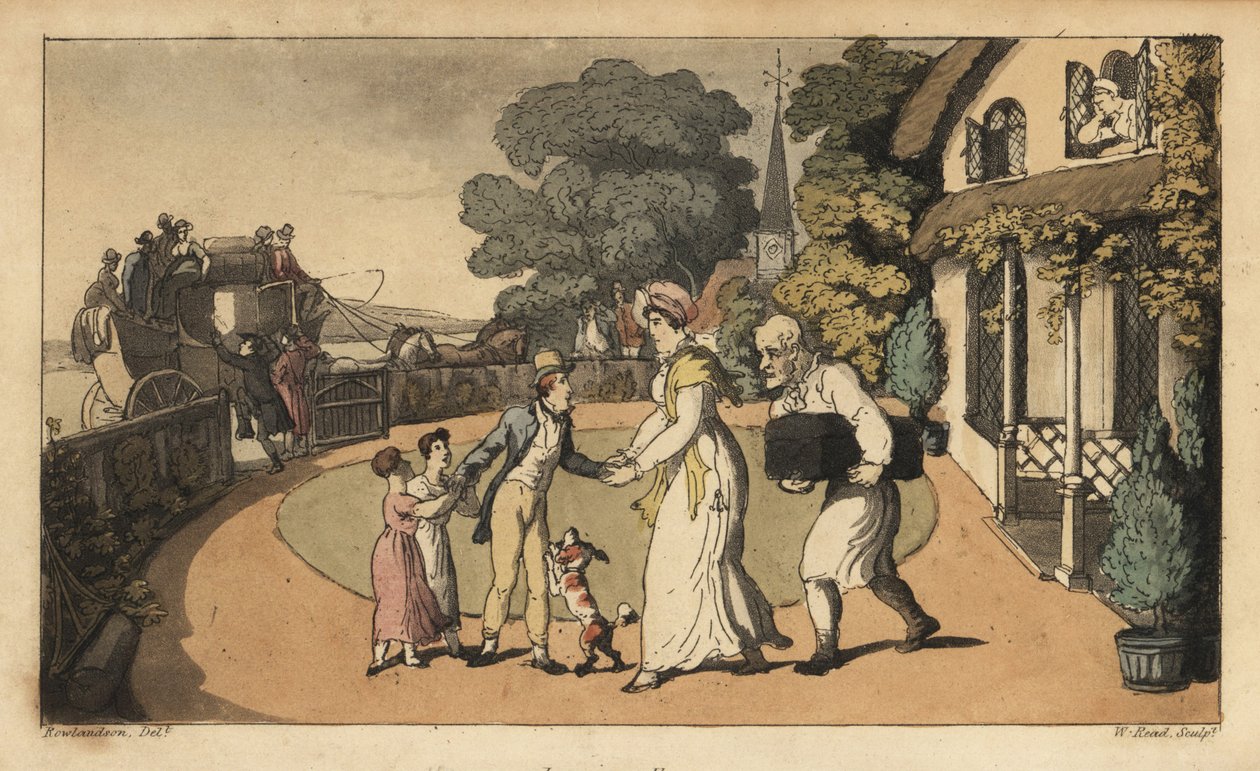 Johnny neemt afscheid van zijn moeder en zussen terwijl hij vertrekt naar de Koninklijke Marine op een postkoets. Handgekleurde kopergravure door W. Read naar een illustratie van Thomas Rowlandson uit Alfred Burton