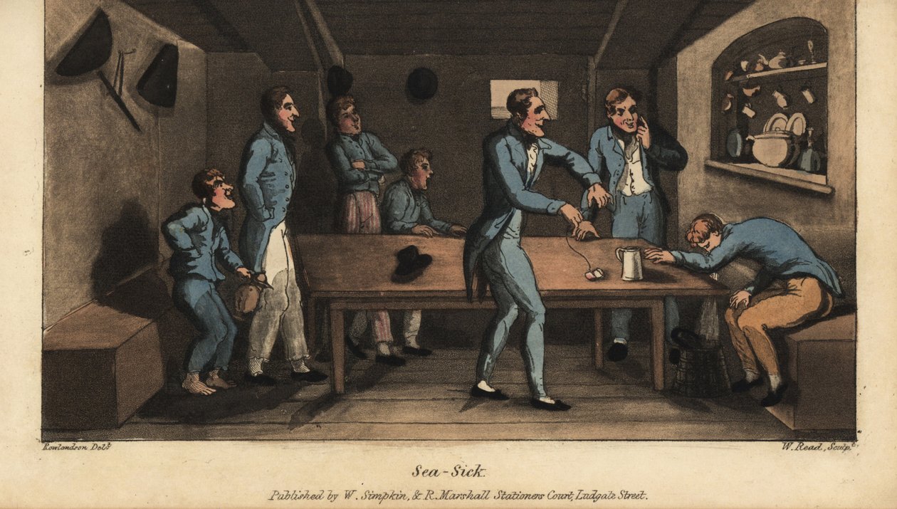 Johnny braakt in een emmer in de hut terwijl zijn schip uitvaart. Een andere officier stelt een remedie voor van zout water en een stuk zout varkensvlees aan een touwtje. Handgekleurde kopergravure door W. Read naar een illustratie van Thomas Rowlandson ui door Thomas Rowlandson