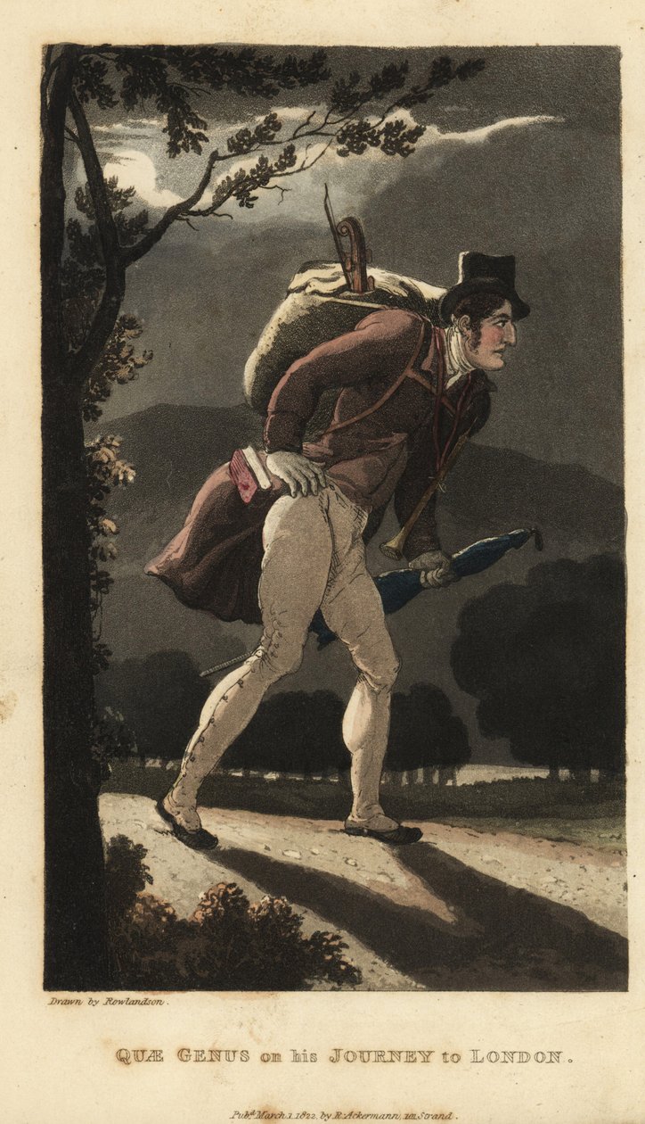 Johnny wandelend op de maanverlichte weg naar Londen. Hij heeft een rugzak met viool, een boek in zijn jaszak en draagt een paraplu. Handgekleurde kopergravure door Thomas Rowlandson uit William Combe