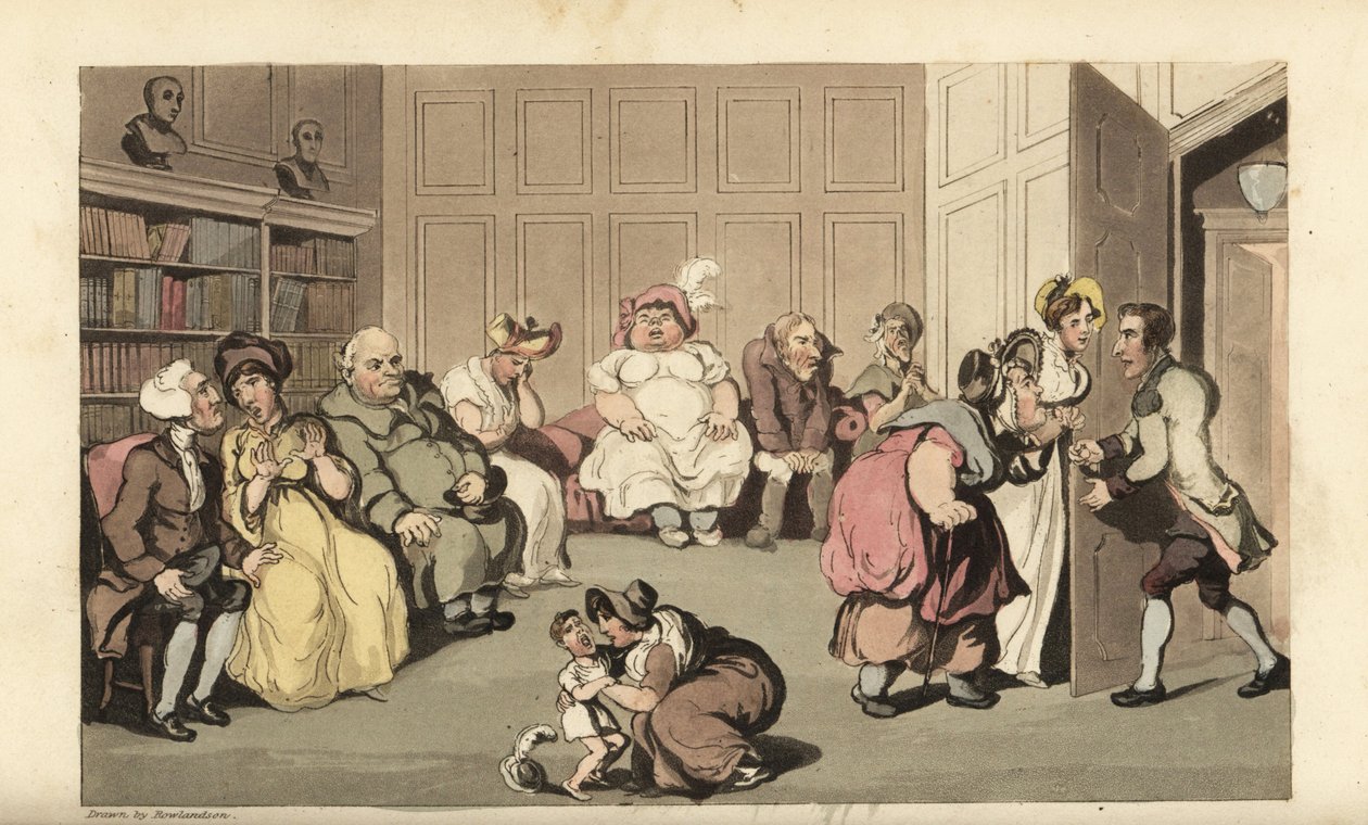 Johnny met andere patiënten in de wachtkamer van kwakzalver Anodyne. Handgekleurde kopergravure door Thomas Rowlandson uit William Combe