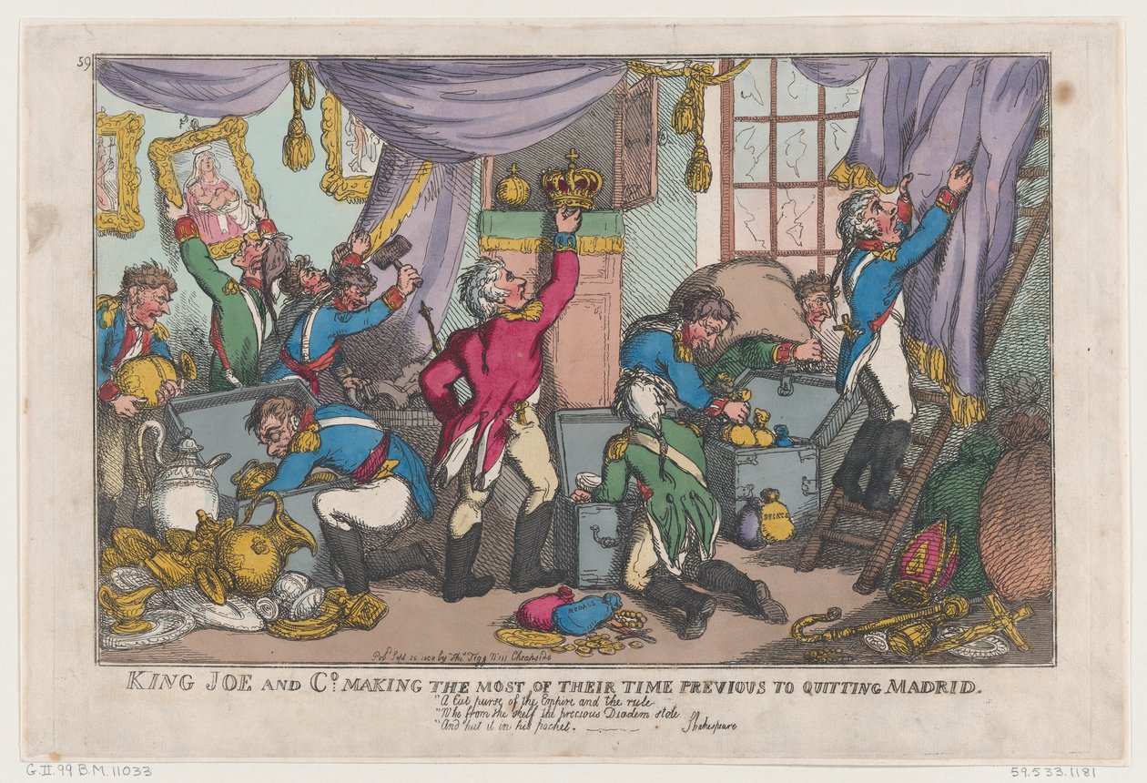 Koning Joe en Co. die het Beste uit hun Tijd Halen voor het Verlaten van Madrid, 25 september 1808 door Thomas Rowlandson