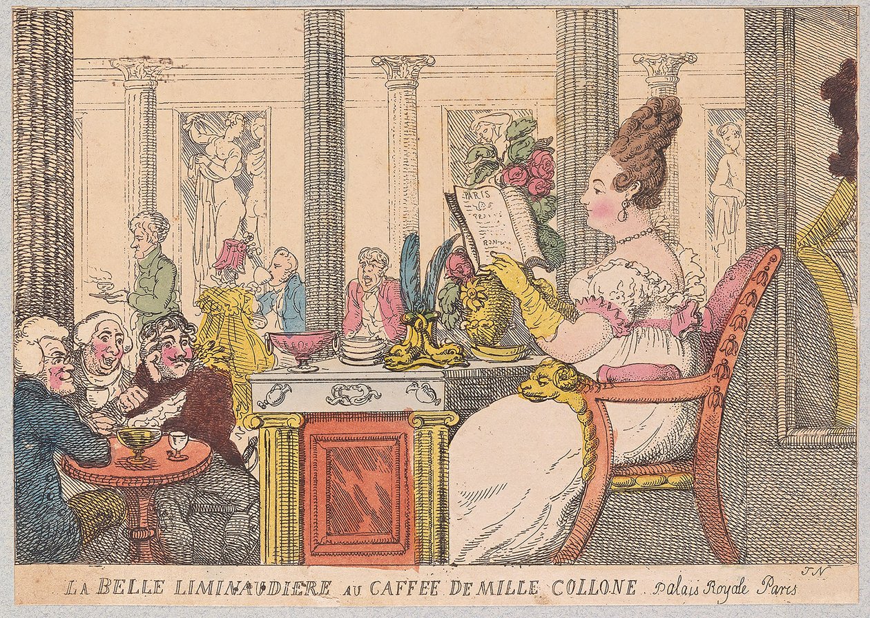 La Belle Liminaudiere au Caffee de Mille Collone, Palais Royal, Parijs, uitgegeven 1814 door Thomas Rowlandson