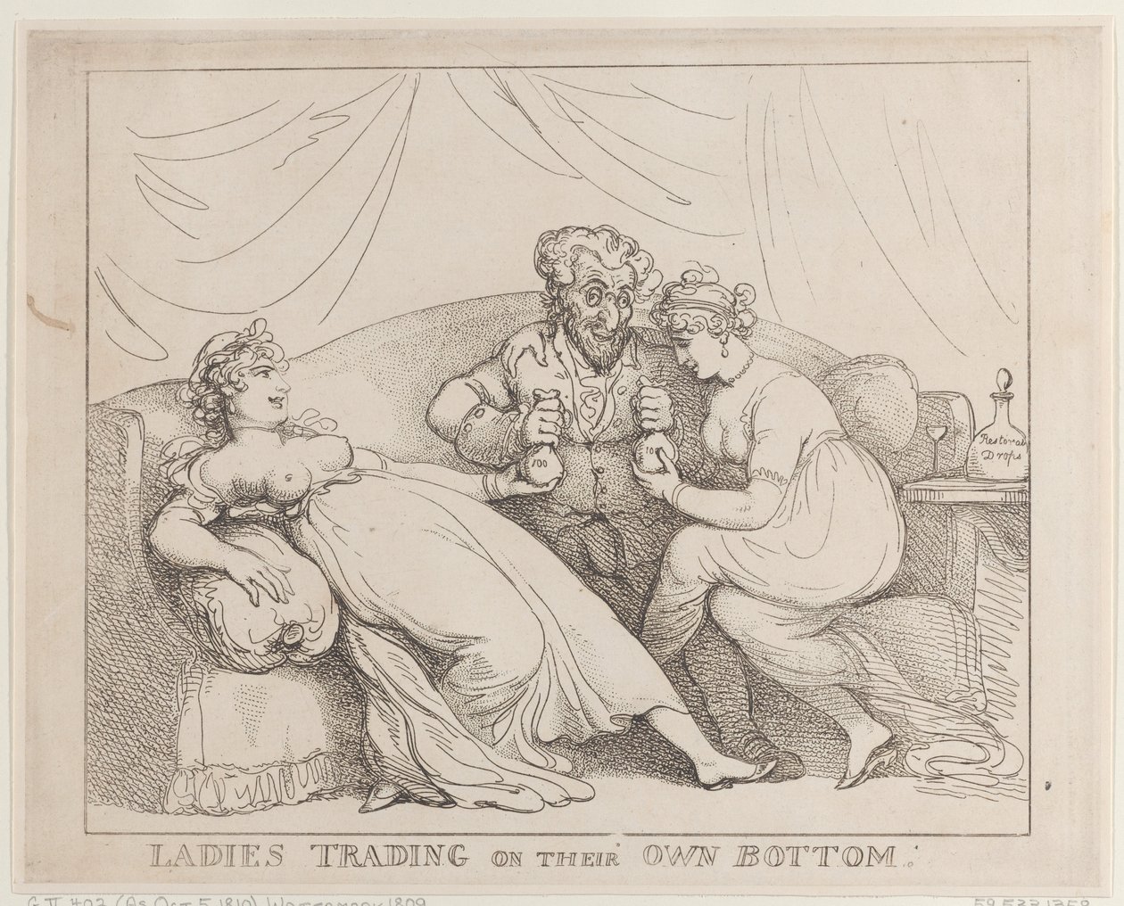 Vrouwen die op hun eigen achterwerk handelen door Thomas Rowlandson