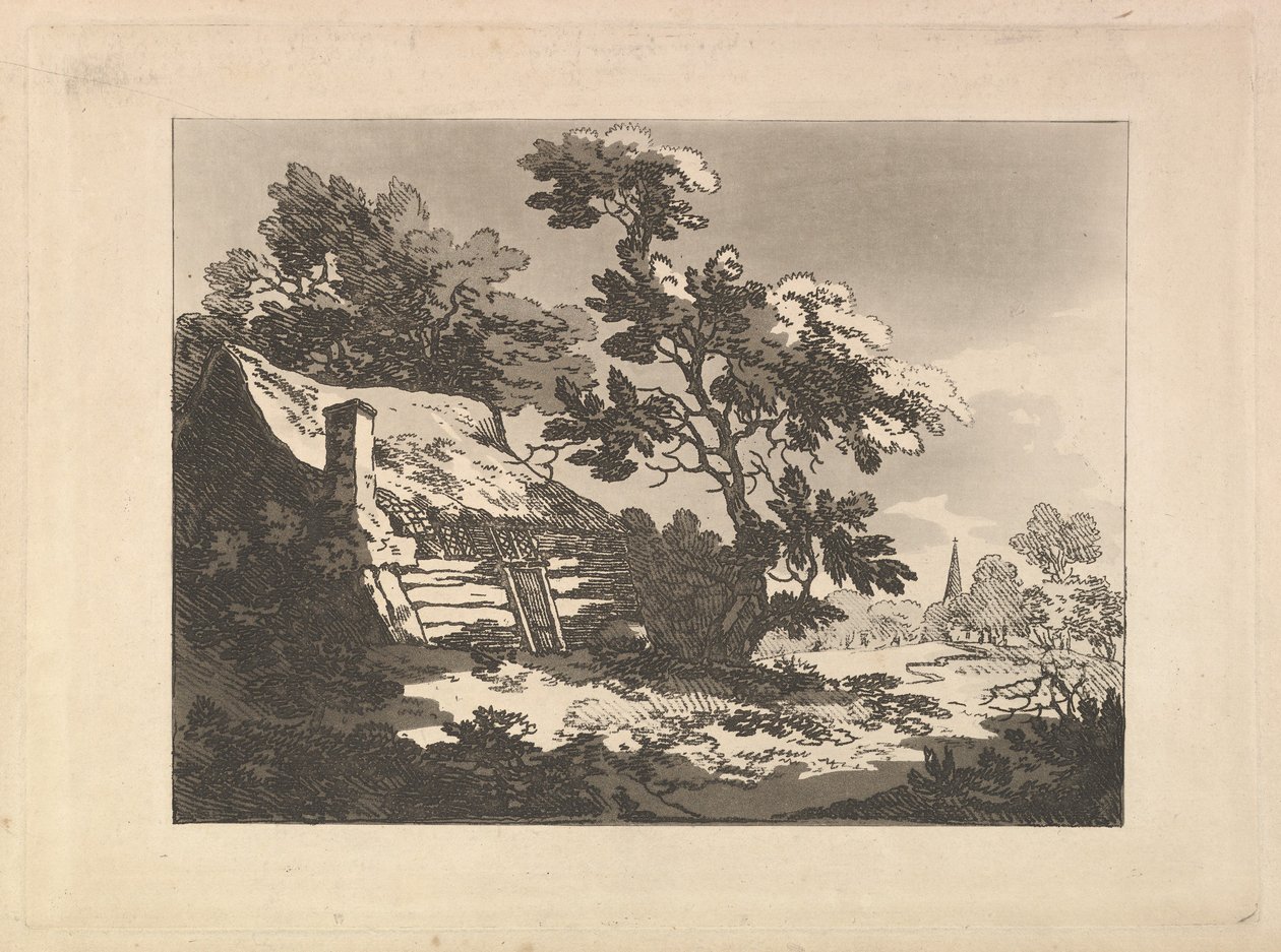 Landschap met een huisje tussen de bomen links en een kerktoren in de verte rechts door Thomas Rowlandson