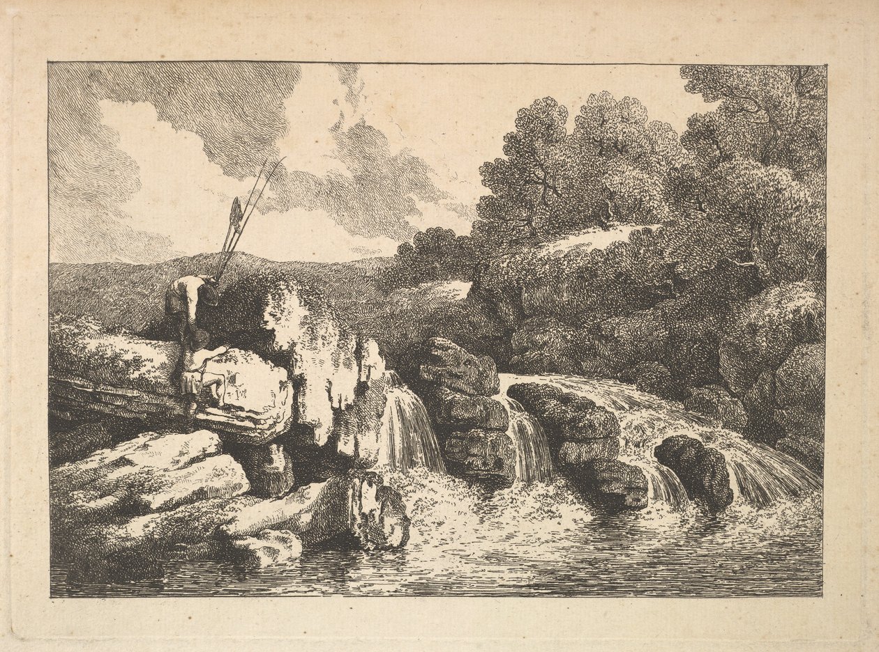 Landschap met twee vissers die rotsen beklimmen naast een waterval, 1784-88 door Thomas Rowlandson