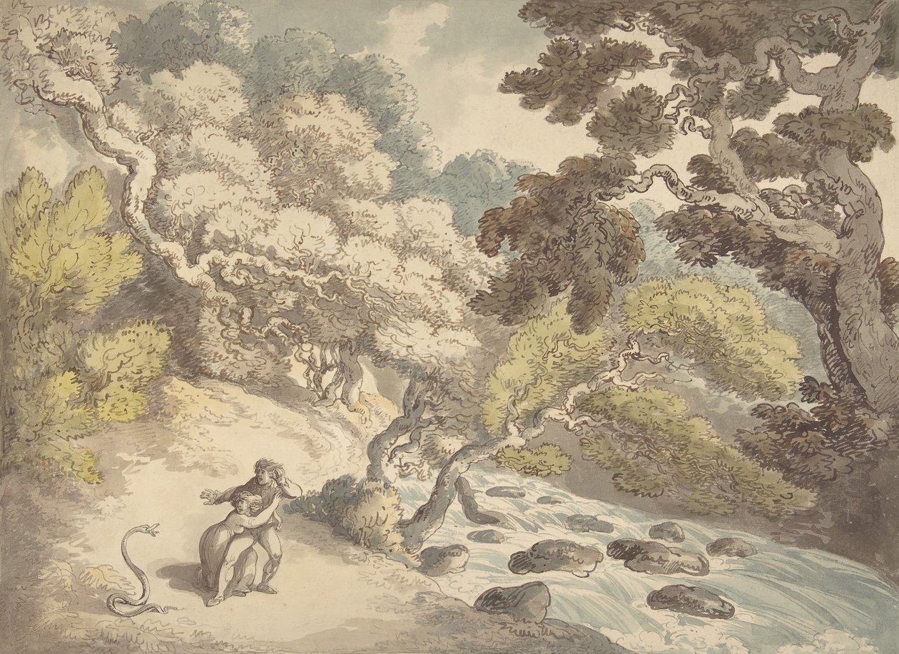 Landschap met stromende beek en een stel aan de oever, geschrokken door een slang, 1775-1827 door Thomas Rowlandson