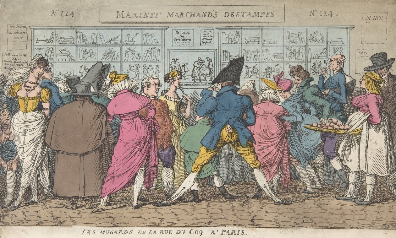 Les Musards de la Rue du Coq à Paris, ca. 1810 door Thomas Rowlandson