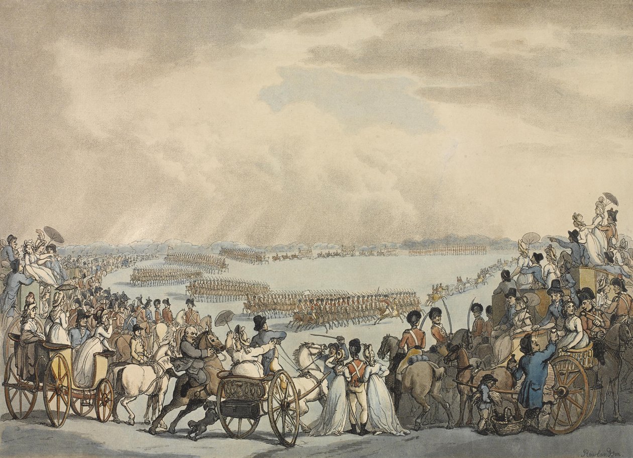 Lichte Paardvrijwilligers van Londen en Westminster, Bevelhebber Kolonel Herries, Beoordeeld door Zijne Majesteit op Wimbledon Common, 5 juli 1798 door Thomas Rowlandson