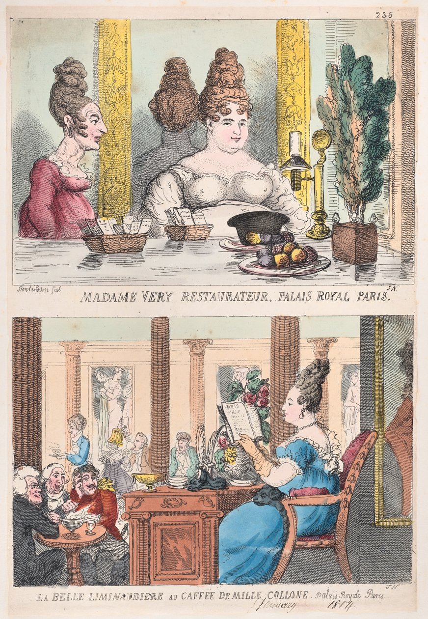 Madame Very Restauranteur, Palais Royal Parijs en La Belle Liminaudiere au Caffee De Mille... door Thomas Rowlandson