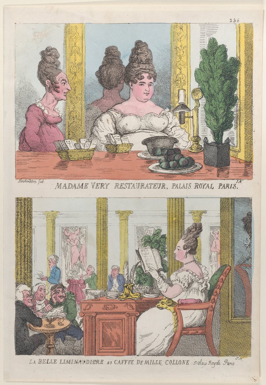 Madame Very Restauranteur, Palais Royal Parijs en La Belle Liminaudiere bij Caffee De Mille door Thomas Rowlandson