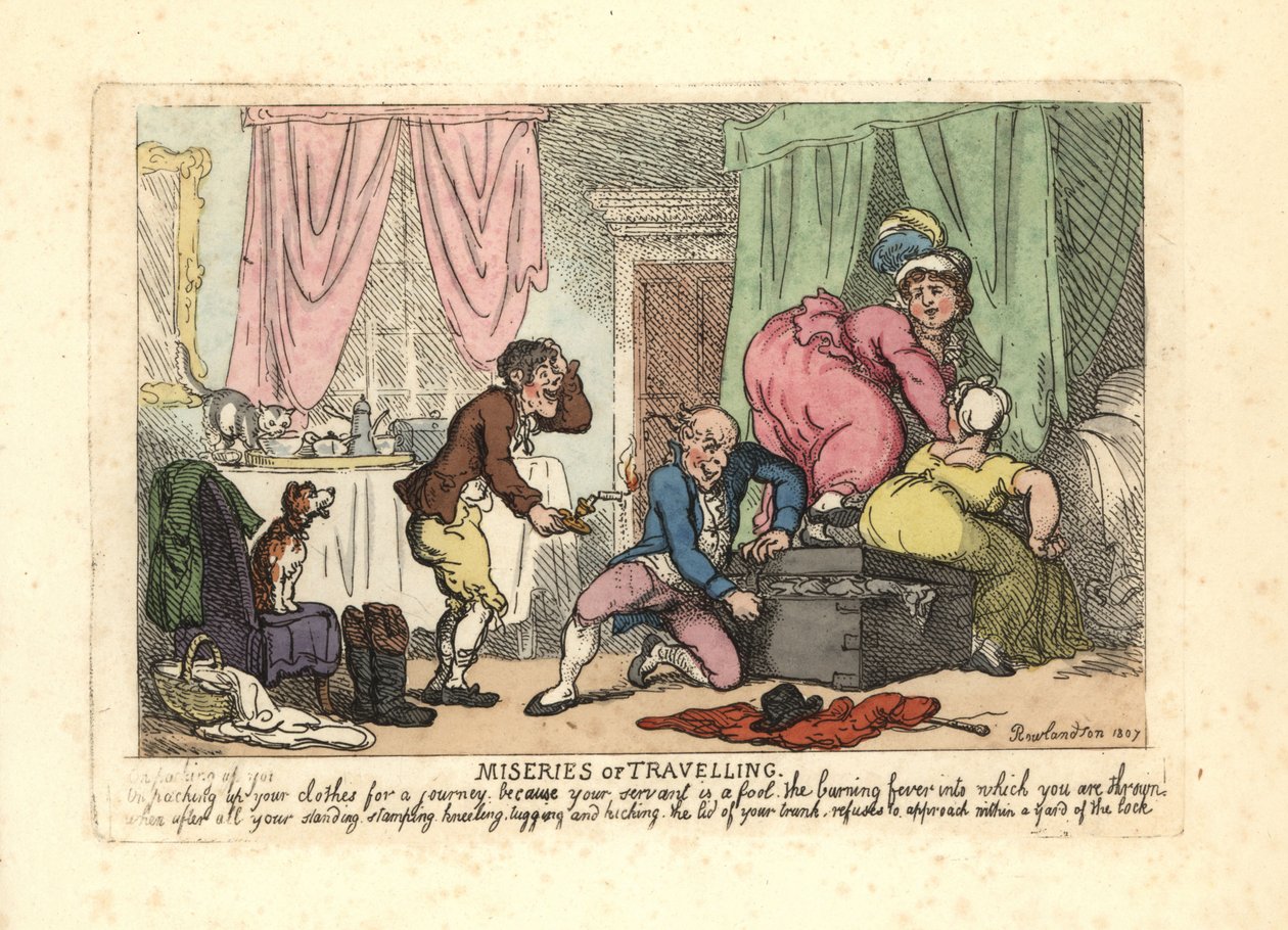 Man en twee vrouwen die een volle koffer niet kunnen sluiten door Thomas Rowlandson