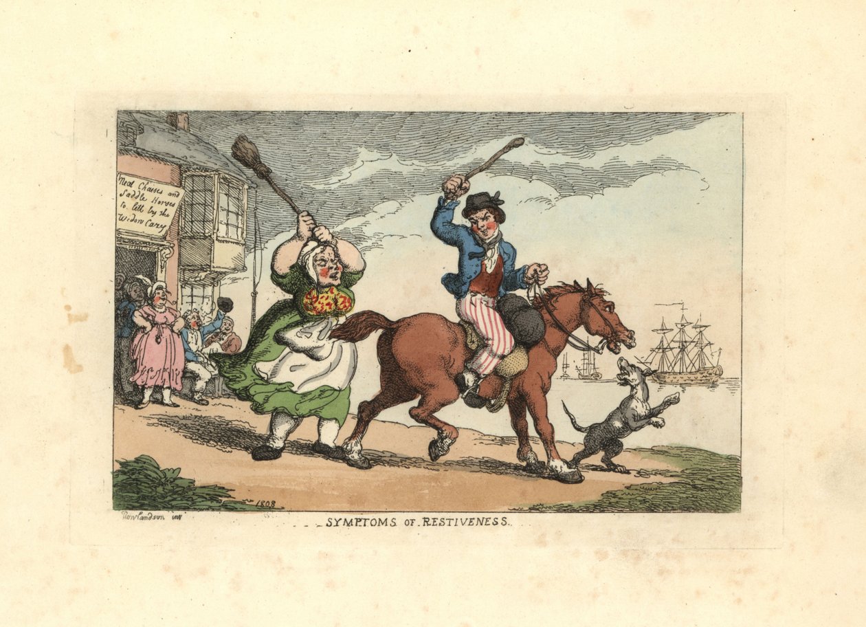 Man slaat een koppig paard met een knuppel, terwijl de eigenaar Wido door Thomas Rowlandson