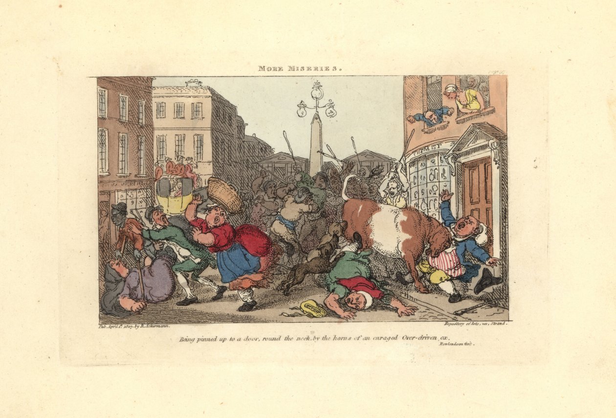 Man vastgepind aan een deur door de hoorns van een woedende os door Thomas Rowlandson